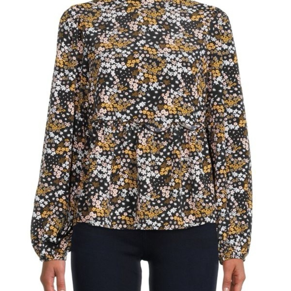 Sanctuary Loveless Floral Blouse Black White Gold Peplum Womens Size Small